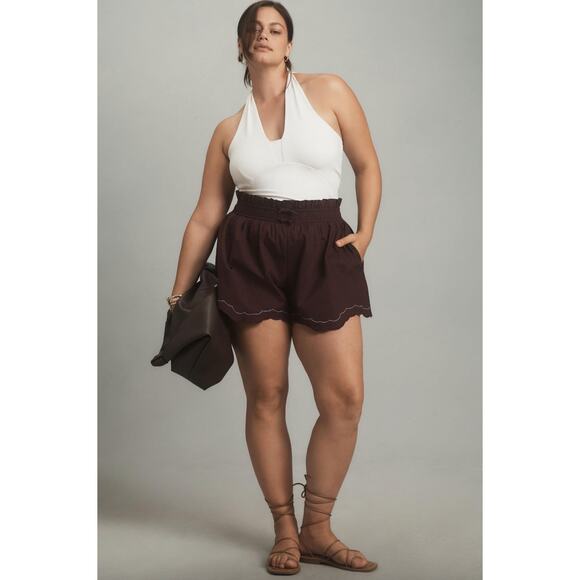 By Anthropologie Scallop-Hem Shorts drawstring maroon-ish brown 1X - Picture 1 of 12